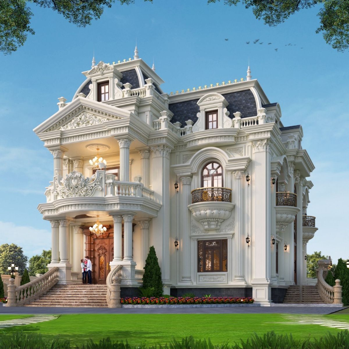 Hệ thức cột không chỉ đóng vai trò chịu lực mà còn định hình thẩm mỹ và chiều sâu cho thiết kế mặt tiền biệt thự cổ điển 