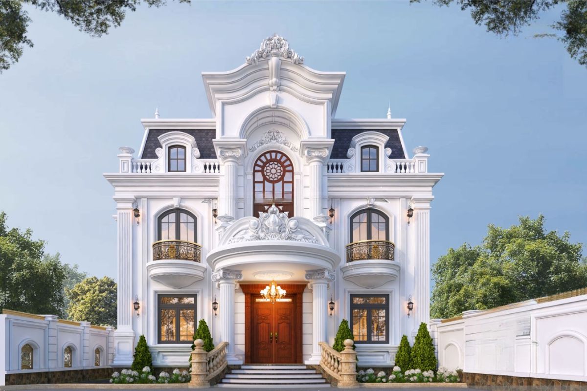 Mẫu biệt thự cổ điển mái Mansard 2 tầng là lựa chọn lý tưởng cho gia đình trẻ yêu thích sự sang trọng nhưng vẫn ấm cúng (Ảnh: Sưu tầm)