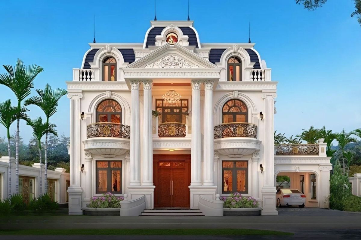 Kiến trúc đối xứng chuẩn mực giúp biệt thự mái Mansard 2 tầng giữ trọn vẻ bề thế và sang trọng vượt thời gian (Ảnh: Sưu tầm)