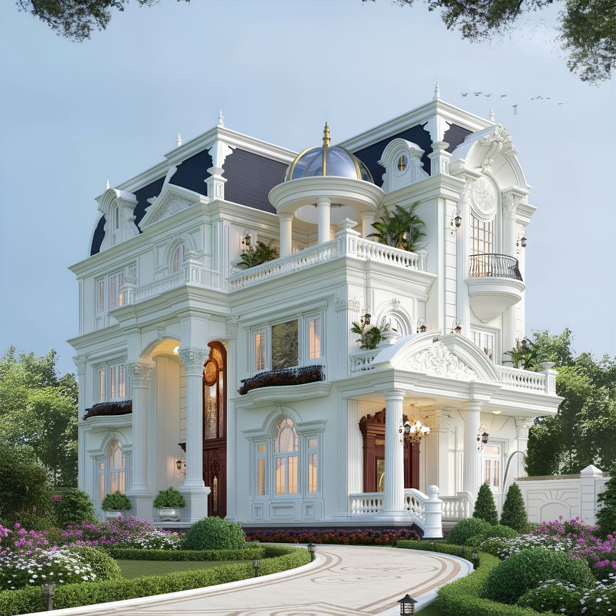 Cảnh quan sân vườn đa lớp giúp biệt thự cổ điển mái Mansard luôn mát mẻ và giàu sức sống (Ảnh: Sưu tầm)