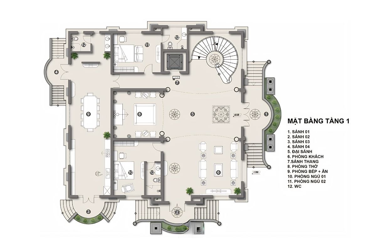 Bản vẽ biệt thự cổ điển mái Mansard tầng 1 được bố trí khoa học với phòng khách trung tâm, bếp – ăn phía sau, tối ưu không gian sinh hoạt chung và đảm bảo sự tiện nghi (Ảnh: Sưu tầm)