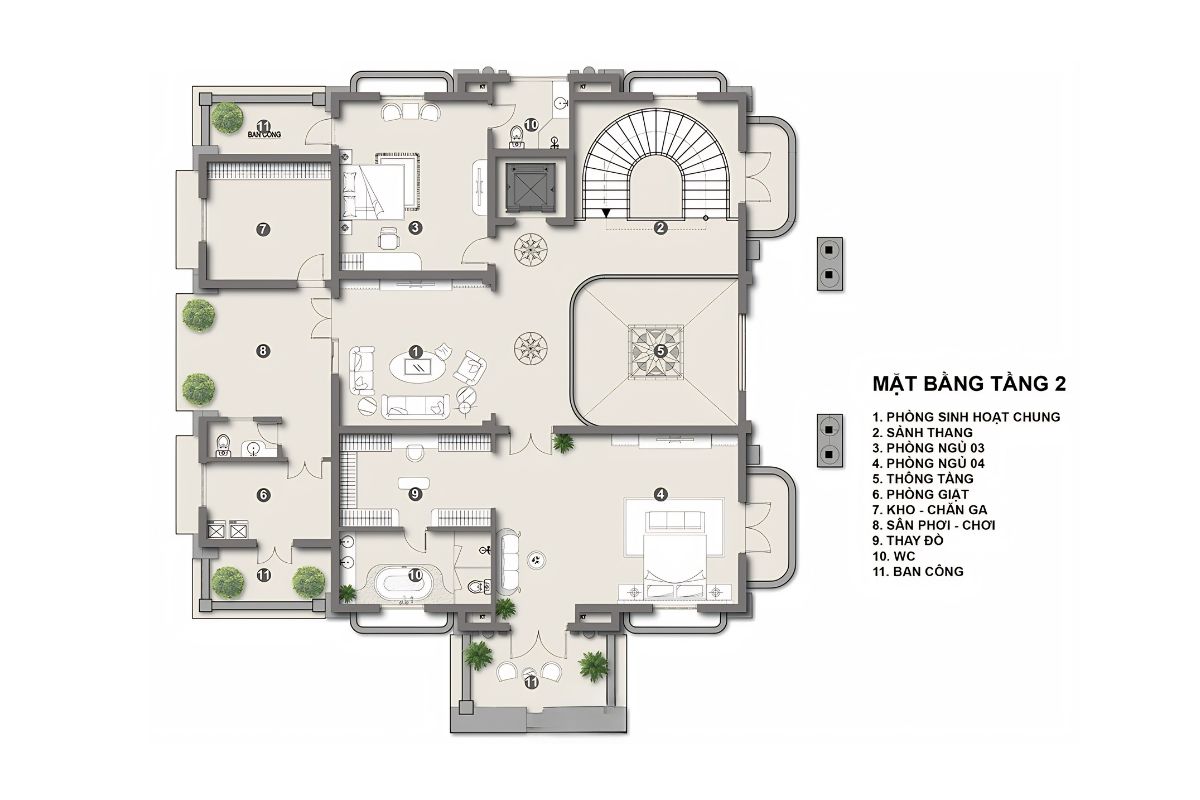 Bản vẽ biệt thự cổ điển mái Mansard tầng 2 tập trung vào không gian nghỉ ngơi riêng tư, với các phòng ngủ được sắp xếp hợp lý, đón sáng và thông gió tự nhiên (Ảnh: Sưu tầm)
