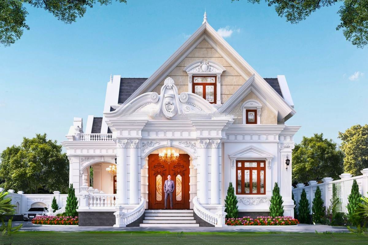 Vẻ đẹp đối xứng tinh tế cùng hệ phào chỉ nhẹ nhàng tạo nên mặt tiền sang trọng mà không nặng nề (Ảnh: Sưu tầm)