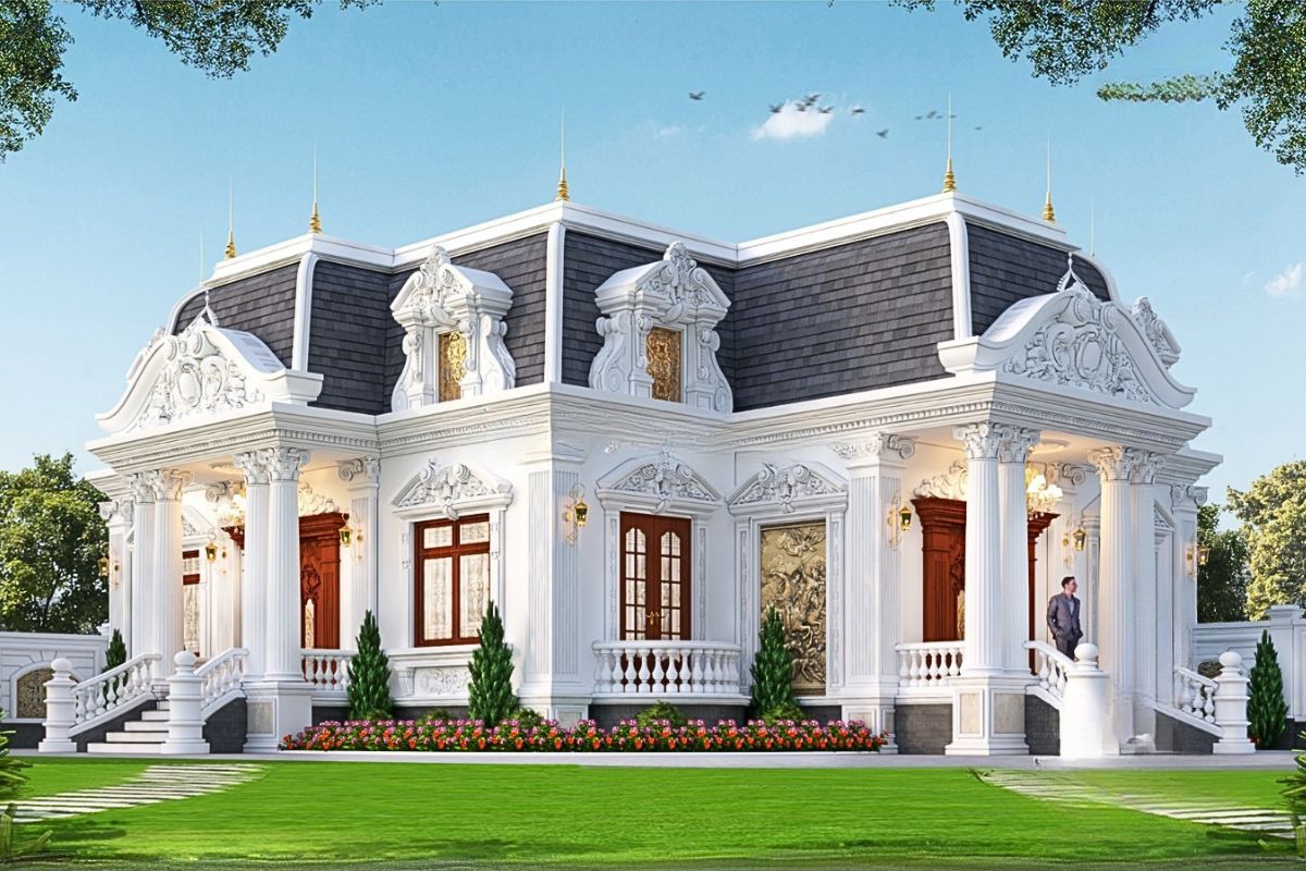 Dinh thự 1 tầng không chỉ bề thế ở mặt tiền mà còn tinh tế trong từng đường nét mái và phào chỉ (Ảnh: Sưu tầm)