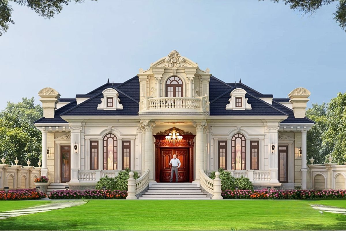 Vật liệu cao cấp kết hợp gam màu trung tính giúp biệt thự cổ điển 1 tầng giữ được vẻ đẹp bền vững theo thời gian (Ảnh: Sưu tầm)