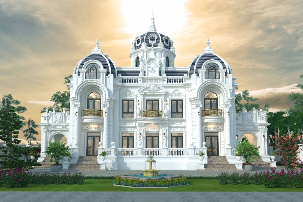 Mặt tiền đối xứng, hệ cột vững chãi và mái Mansard đẳng cấp tạo nên vẻ đẹp bề thế cho biệt thự cổ điển 2 tầng nhà vườn (Ảnh: Sưu tầm)