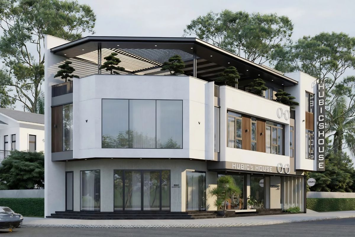 Hệ kính lớn giúp mẫu biệt thự 2 mặt tiền tăng khả năng nhận diện thương hiệu (Ảnh: Sưu tầm)