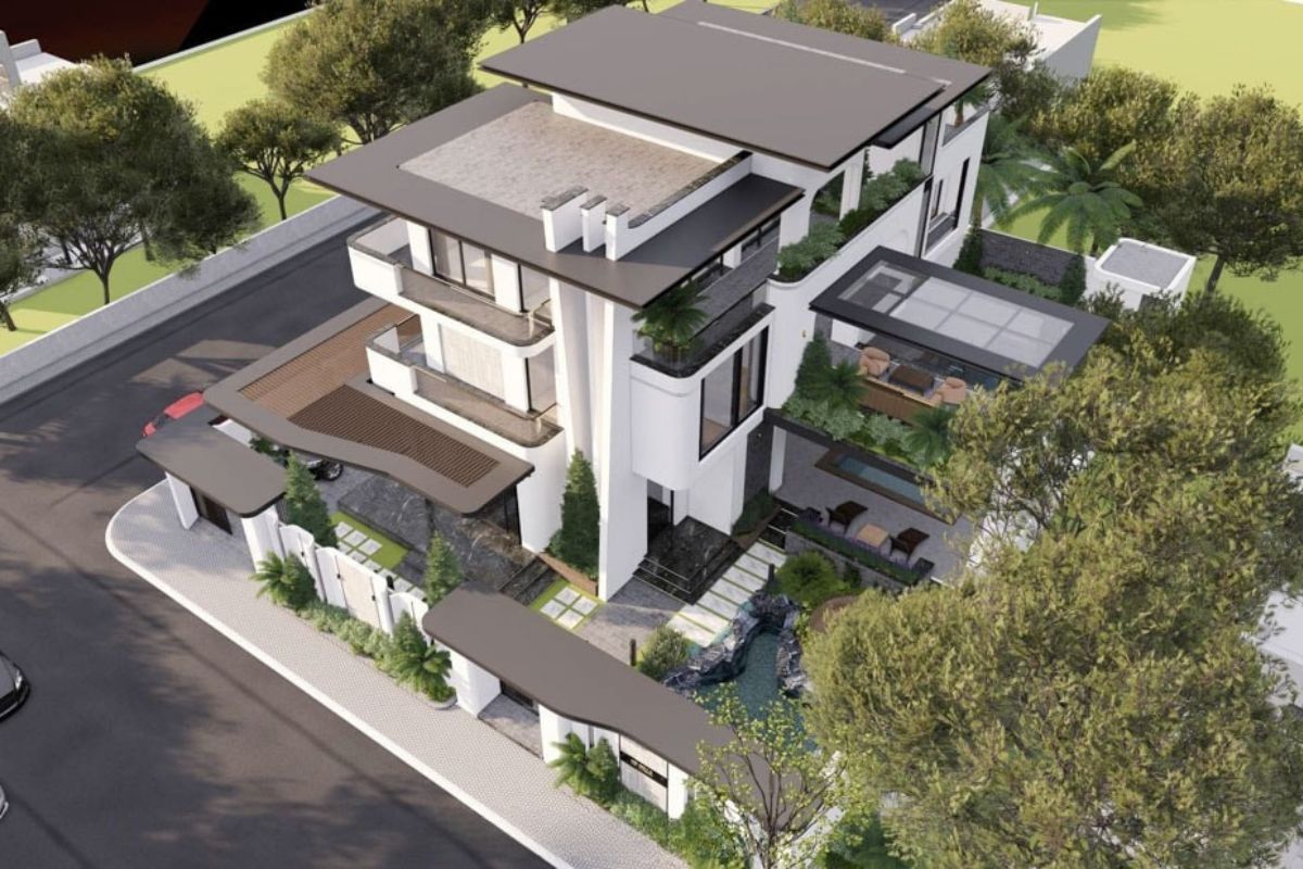 Biệt thự góc tận dụng lợi thế vị trí để bố trí cảnh quan bao quanh công trình (Ảnh: Sưu tầm)