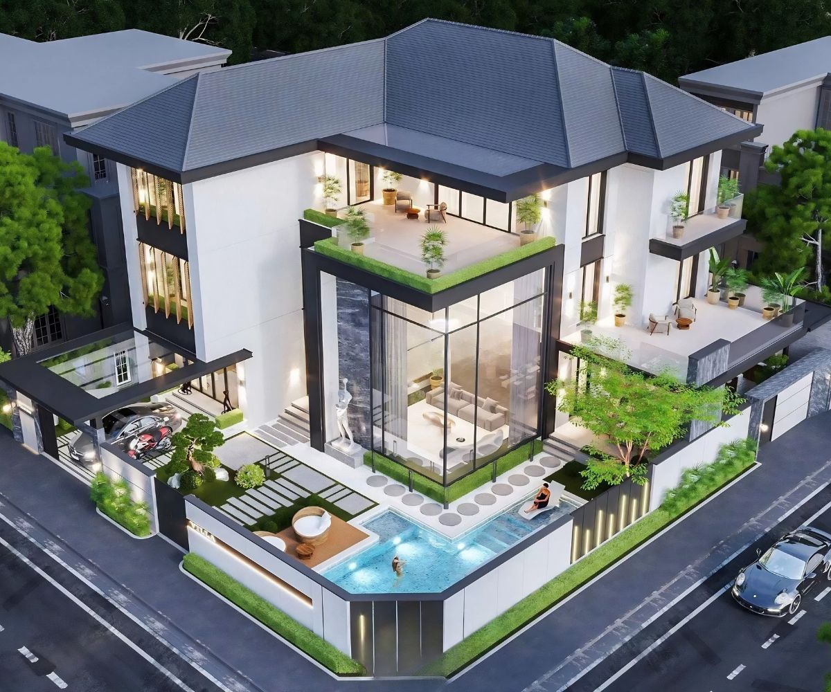 Biệt thự hiện đại 2 mặt tiền có bể bơi tạo điểm nhấn sang trọng và đẳng cấp (Ảnh: Sưu tầm)
