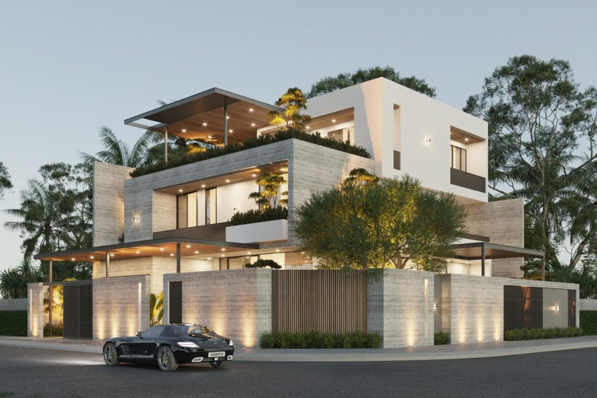 Biệt thự góc 3 tầng tận dụng ban công và cửa kính để tăng kết nối với thiên nhiên (Ảnh: Sưu tầm)