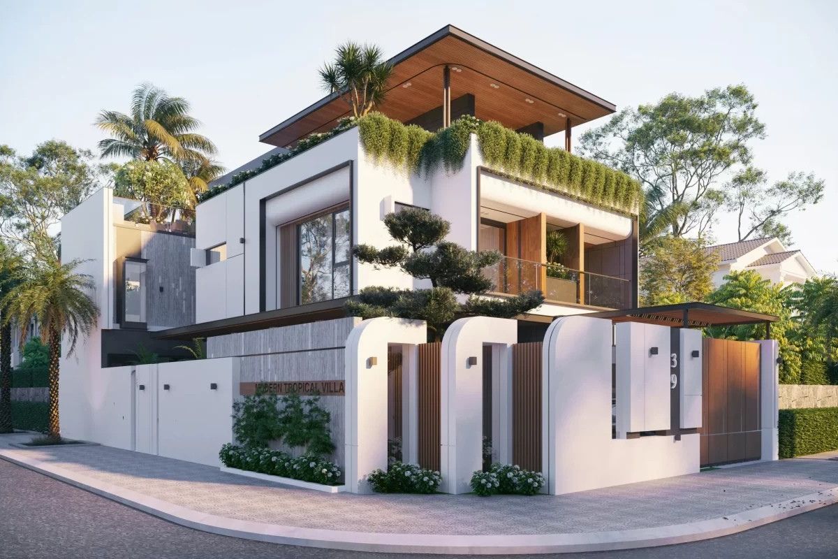 Góc giao hai mặt tiền là điểm nhấn quan trọng của biệt thự hiện đại 2 mặt tiền (Ảnh: Sưu tầm)