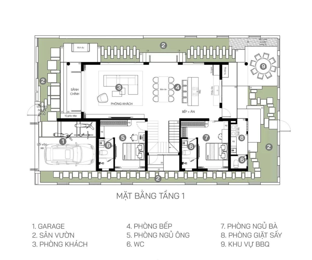 Tối ưu sinh hoạt chung với bản vẽ biệt thự 2 tầng hiện đại mái bằng tầng 1 – không gian mở, kết nối và đầy đủ tiện nghi (Ảnh: Sưu tầm)