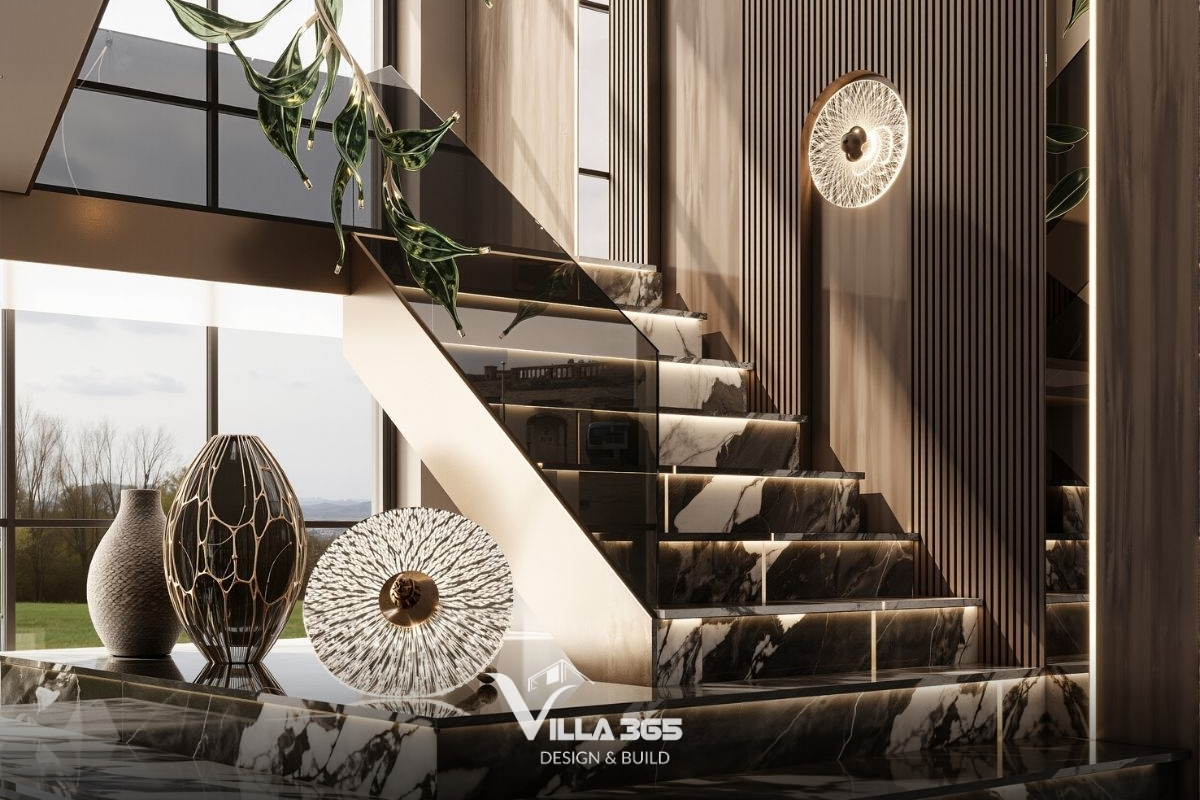 Toàn bộ hệ bậc thang và sàn được lát đá cẩm thạch trắng vân đen với những đường vân mạnh mẽ, đem lại vẻ đẹp quyền quý