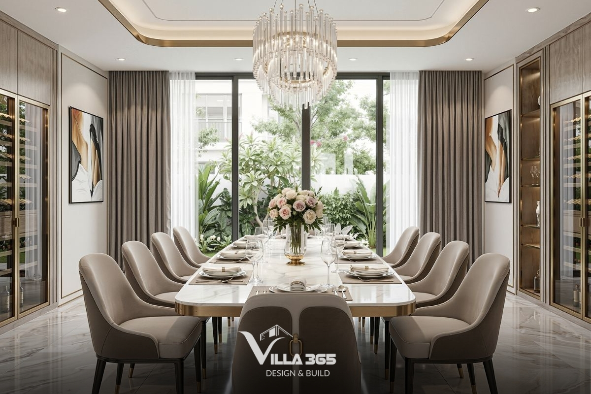 Phòng ăn sử dụng gam màu trung tính như kem, xám nhạt và gỗ sáng màu, mang lại cảm giác nhẹ nhàng, thư thái 