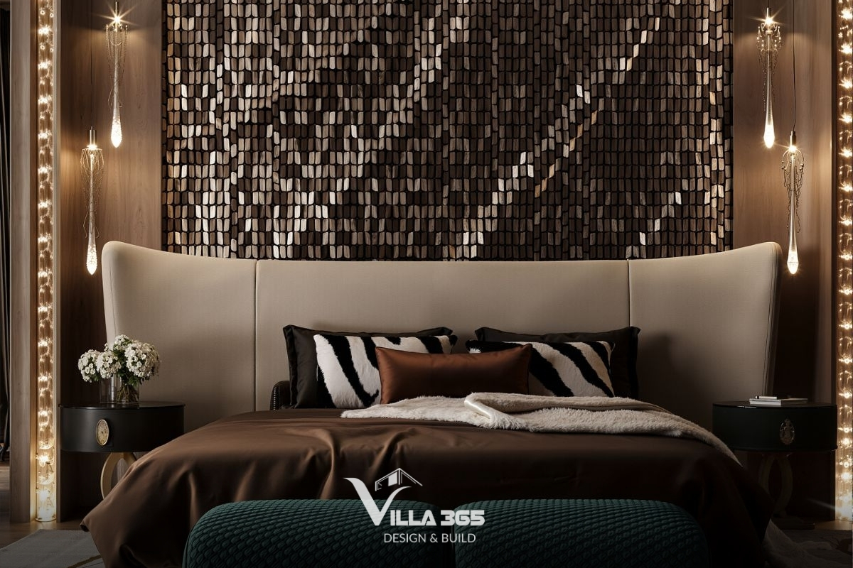 Mảng tường đầu giường được phủ bằng tấm ốp kim loại xếp lớp tạo ra hiệu ứng lấp lánh