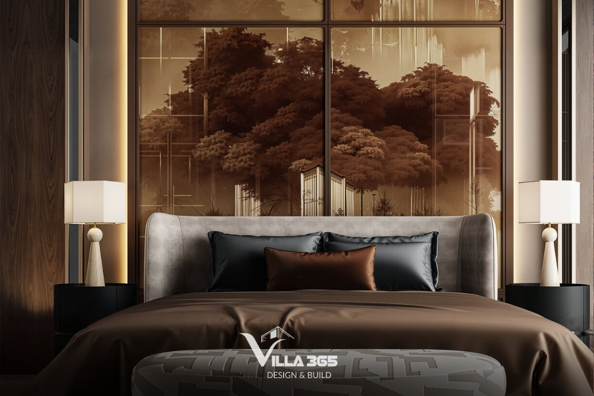 Bức tranh kính nghệ thuật khổ lớn với tông màu vàng nâu gợi liên tưởng đến những cánh rừng cổ điển