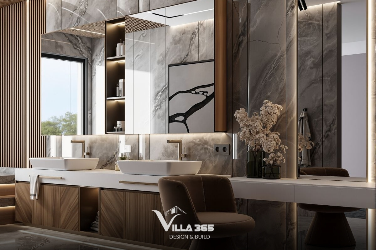 Việc nối dài mặt bàn đá thành bàn trang điểm thấp hơn, kết hợp cùng chiếc ghế đơn bọc nỉ cao cấp màu nâu chocolate, tạo nên một góc làm đẹp riêng biệt và tinh tế cho nữ gia chủ