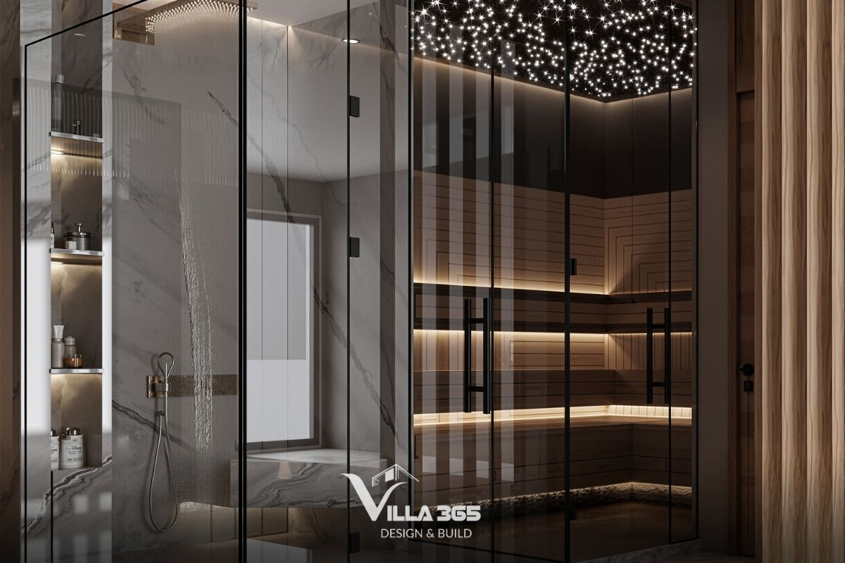 Phòng tắm là sự kết hợp giữa phòng tắm kính hiện đại và phòng xông hơi khô sauna