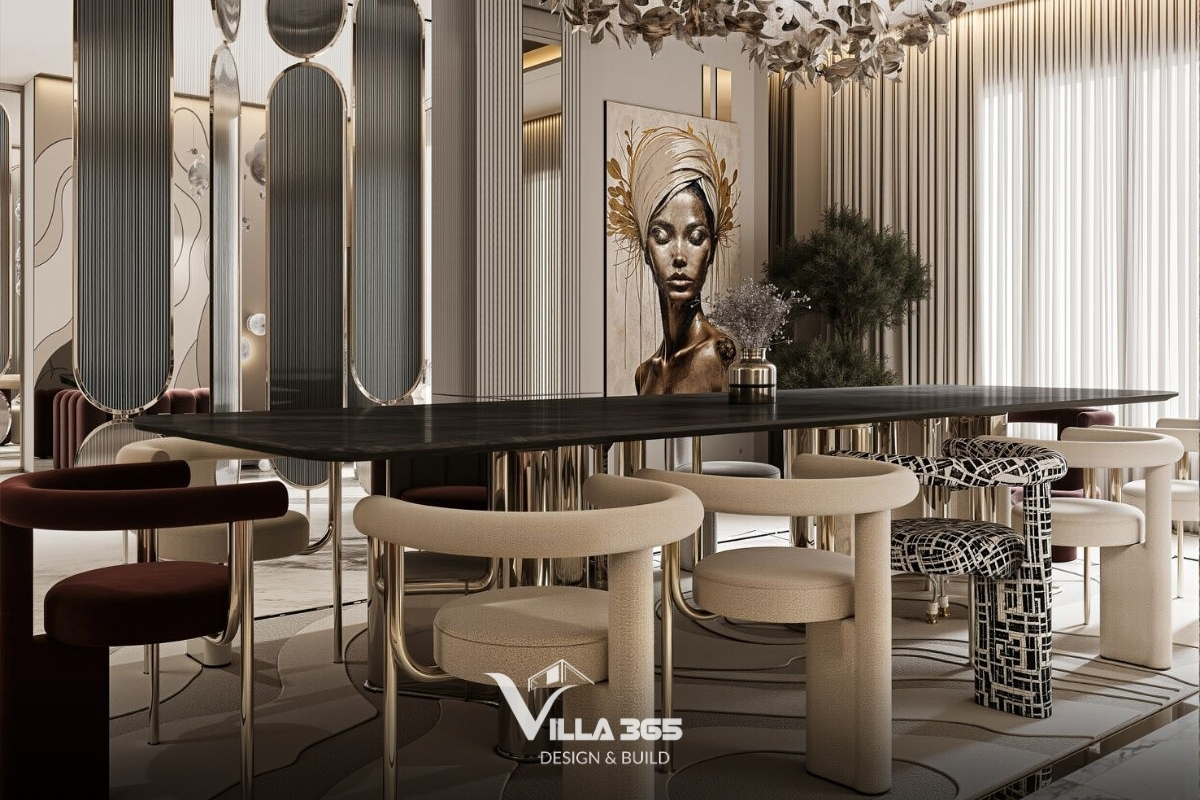 Ghế ăn có thiết kế hình khối độc đáo với tựa lưng uốn cong hình trụ