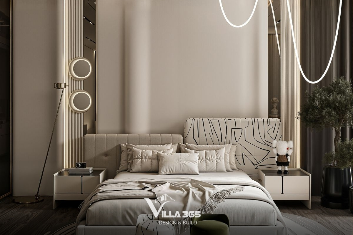 Kiểu dáng giường tối giản với tông màu trắng kem đồng nhất, tạo cảm giác sạch sẽ và thư giãn 