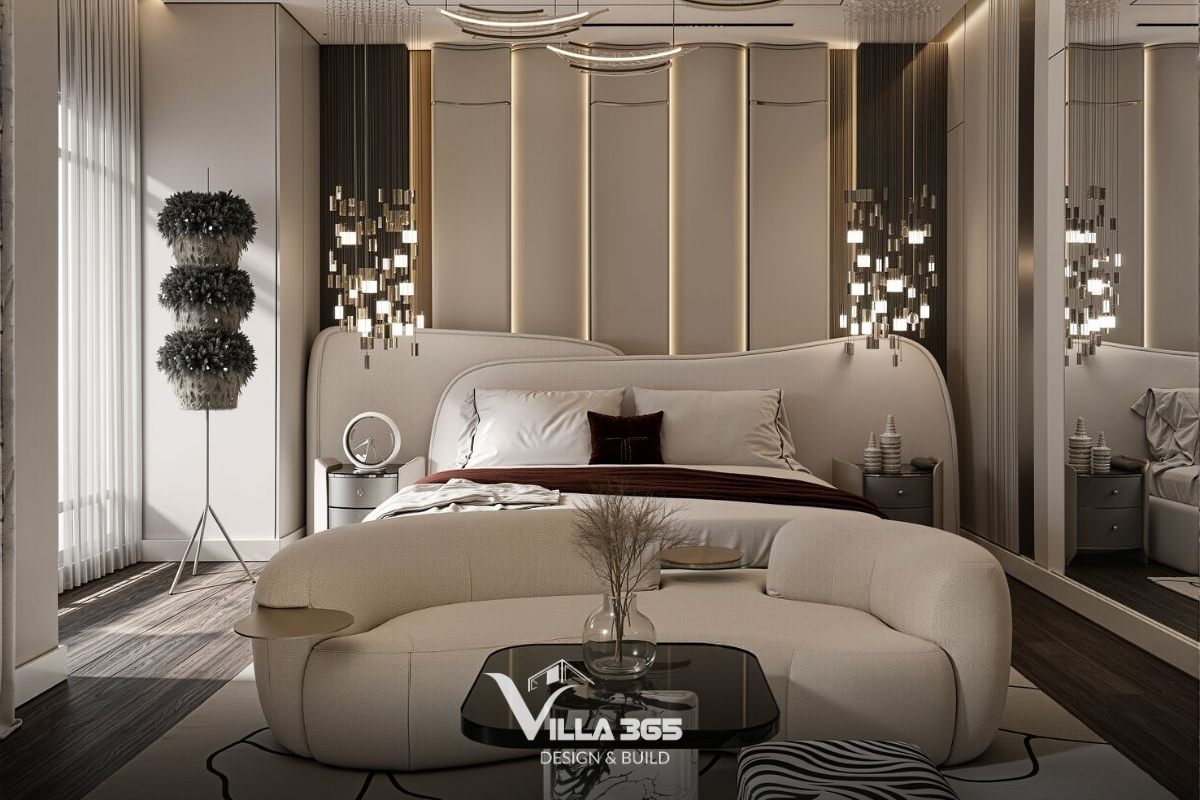 Đèn thả trần trung tâm gồm nhiều thanh LED cong xếp tầng, tạo hình ảnh như những vầng trăng khuyết lơ lửng