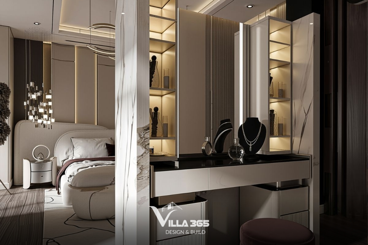 Khu vực thay đồ phân tách với giường ngủ bằng một vách ngăn tích hợp bàn trang điểm