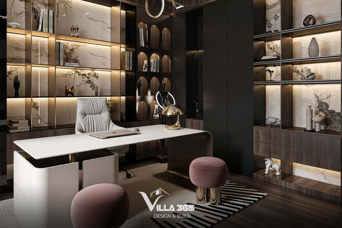 Phòng ngủ tĩnh lặng, tông màu trầm ấm và các chi tiết nội thất tinh tế phù hợp để ông bà nghỉ ngơi và thư giãn