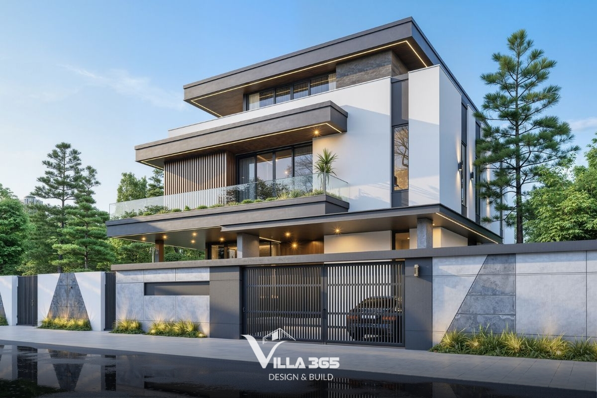 Ngôn ngữ hiện đại được thể hiện qua mái bằng, đường nét ngang và vật liệu tối giản