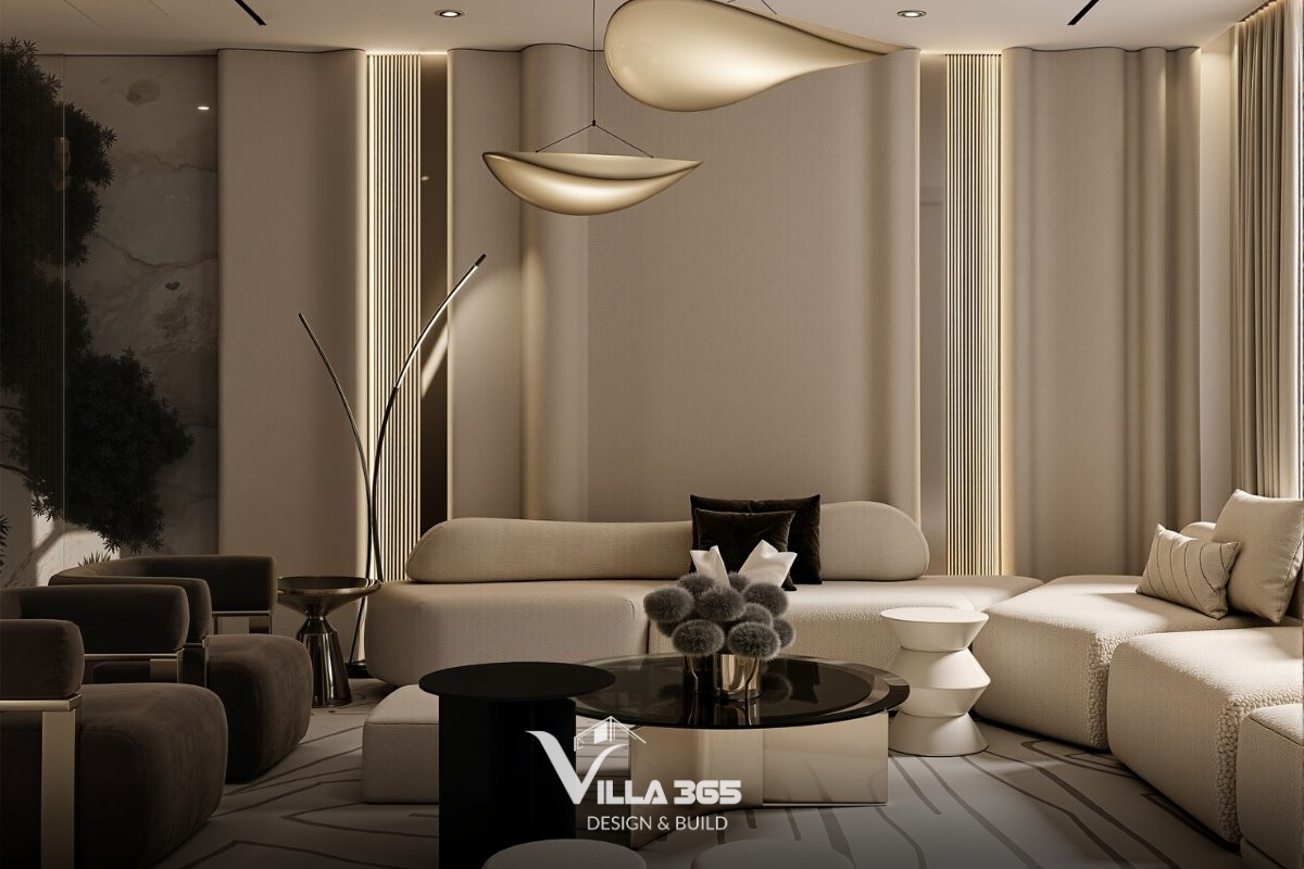 Không gian ưu tiên các đường cong mềm mại: Từ bộ sofa hình khối tròn trịa (sofa sỏi) đến những chiếc đèn thả trần có hình dáng uốn lượn như cánh diều 