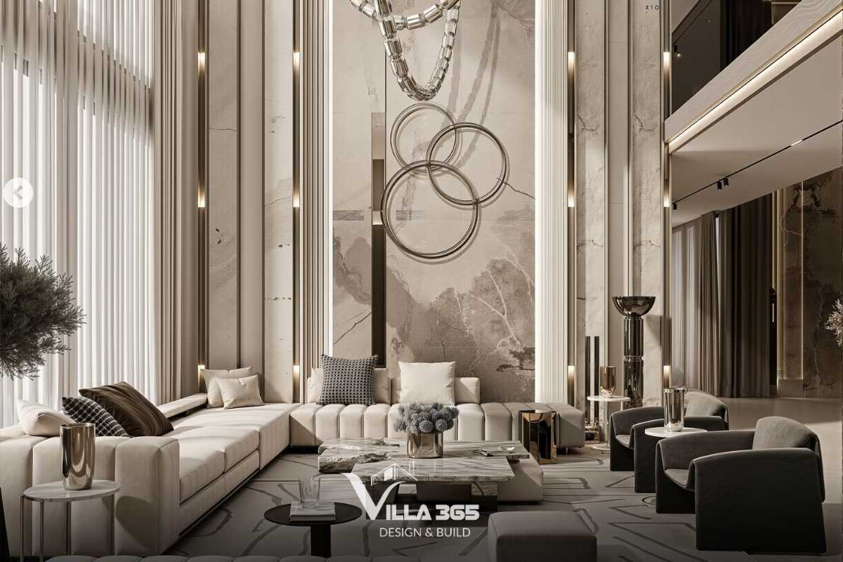 Phòng khách được thiết kế như một không gian kết nối, thúc đẩy tương tác gia đình