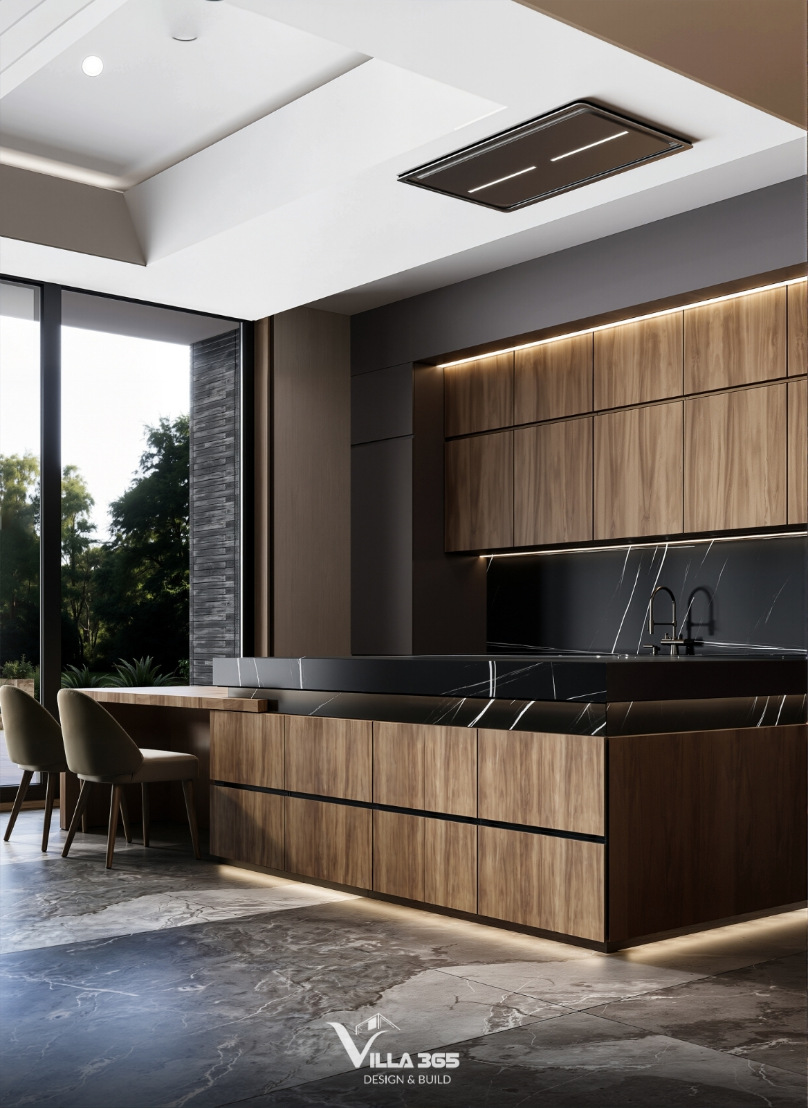 Mặt đảo bếp sử dụng đá marble đen với các đường vân trắng chạy xuyên suốt từ mặt bàn xuống các cạnh, tạo sự liền mạch và quyền uy