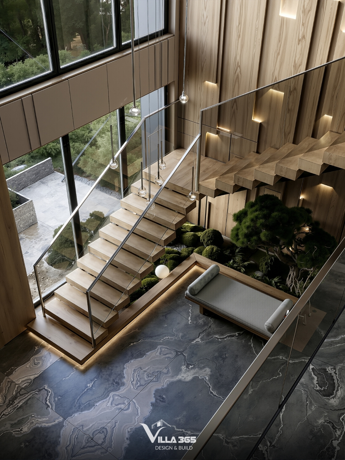 Chiếc ghế băng nhỏ gọn đặt cạnh tiểu cảnh, biến gầm cầu thang vốn thường bị bỏ trống thành một nơi ngồi thiền hoặc đọc sách lý tưởng