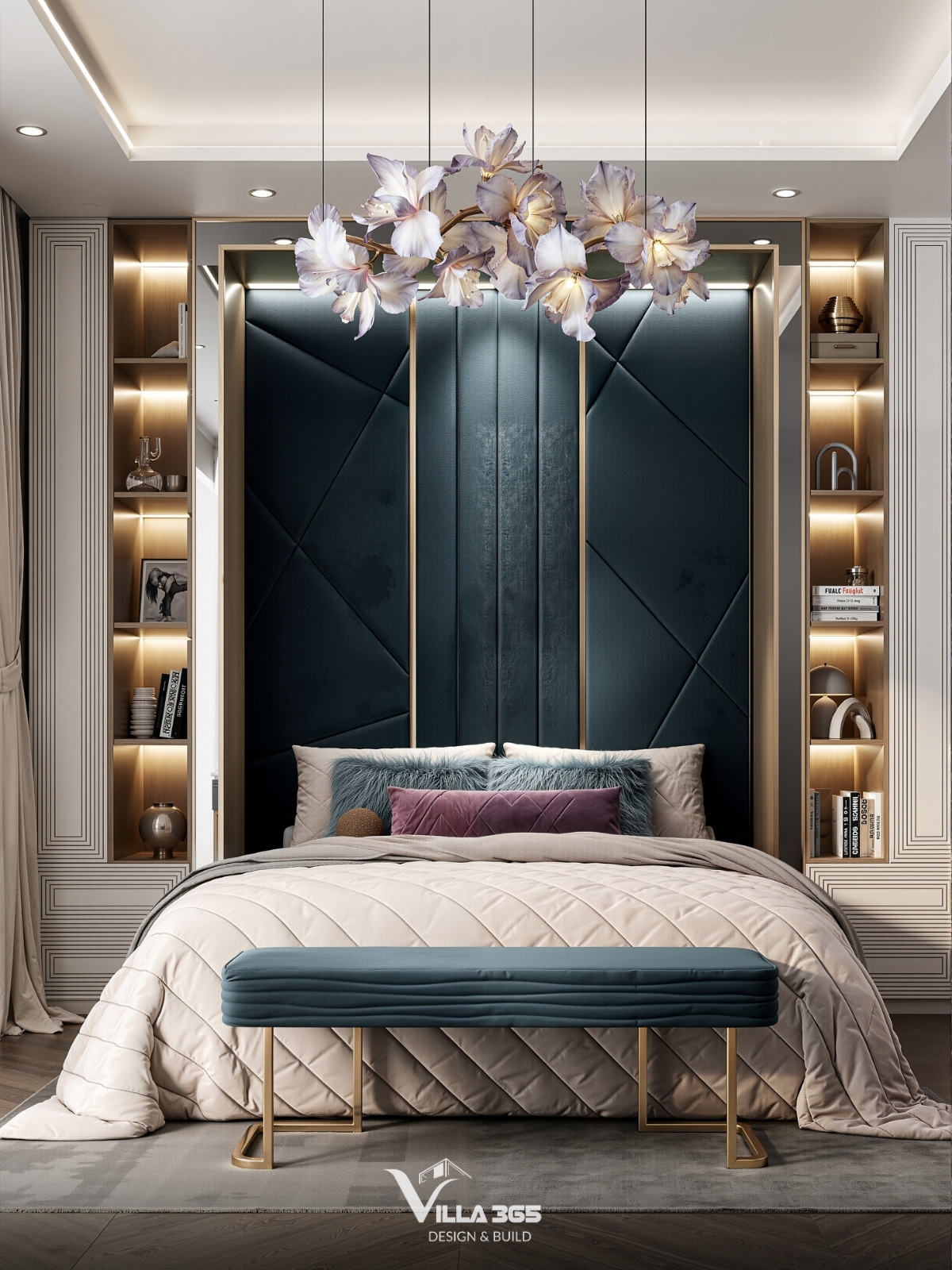 Sự kết hợp giữa màu xanh Teal đậm của vách tường với màu kem trung tính của chăn ga và màu tím mận của gối trang trí tạo nên một bảng màu vừa sâu lắng, vừa quý phái