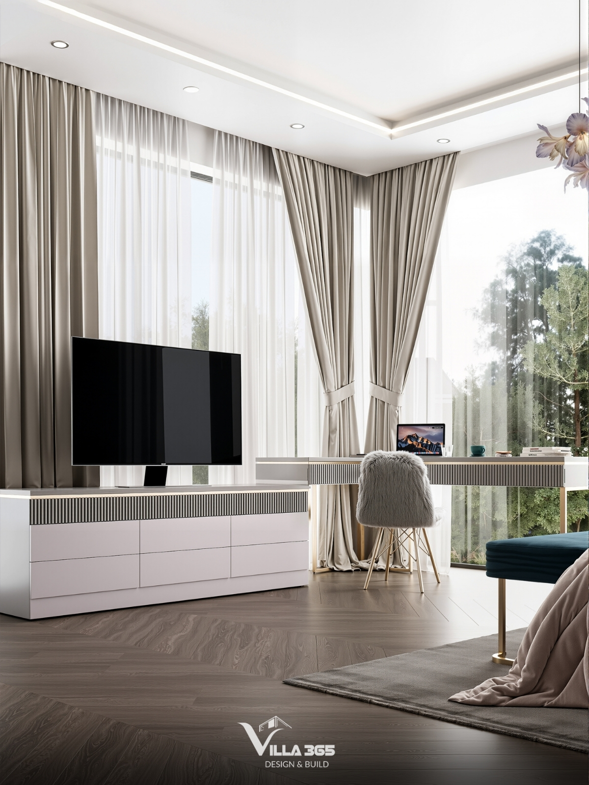 Bàn làm việc được đặt ngay cạnh hệ kính lớn kịch trần, cho phép gia chủ vừa làm việc vừa tận hưởng tầm nhìn xanh mát ra rừng thông Đà Lạt