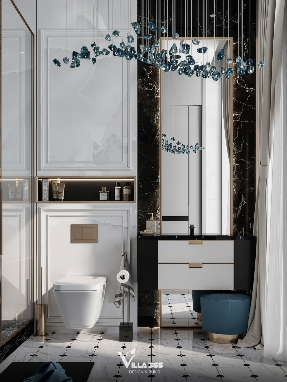 Dàn đèn thả với các viên pha lê màu xanh biển được treo ngẫu hứng, gợi liên tưởng đến những giọt nước hay những viên đá quý đang bay lơ lửng