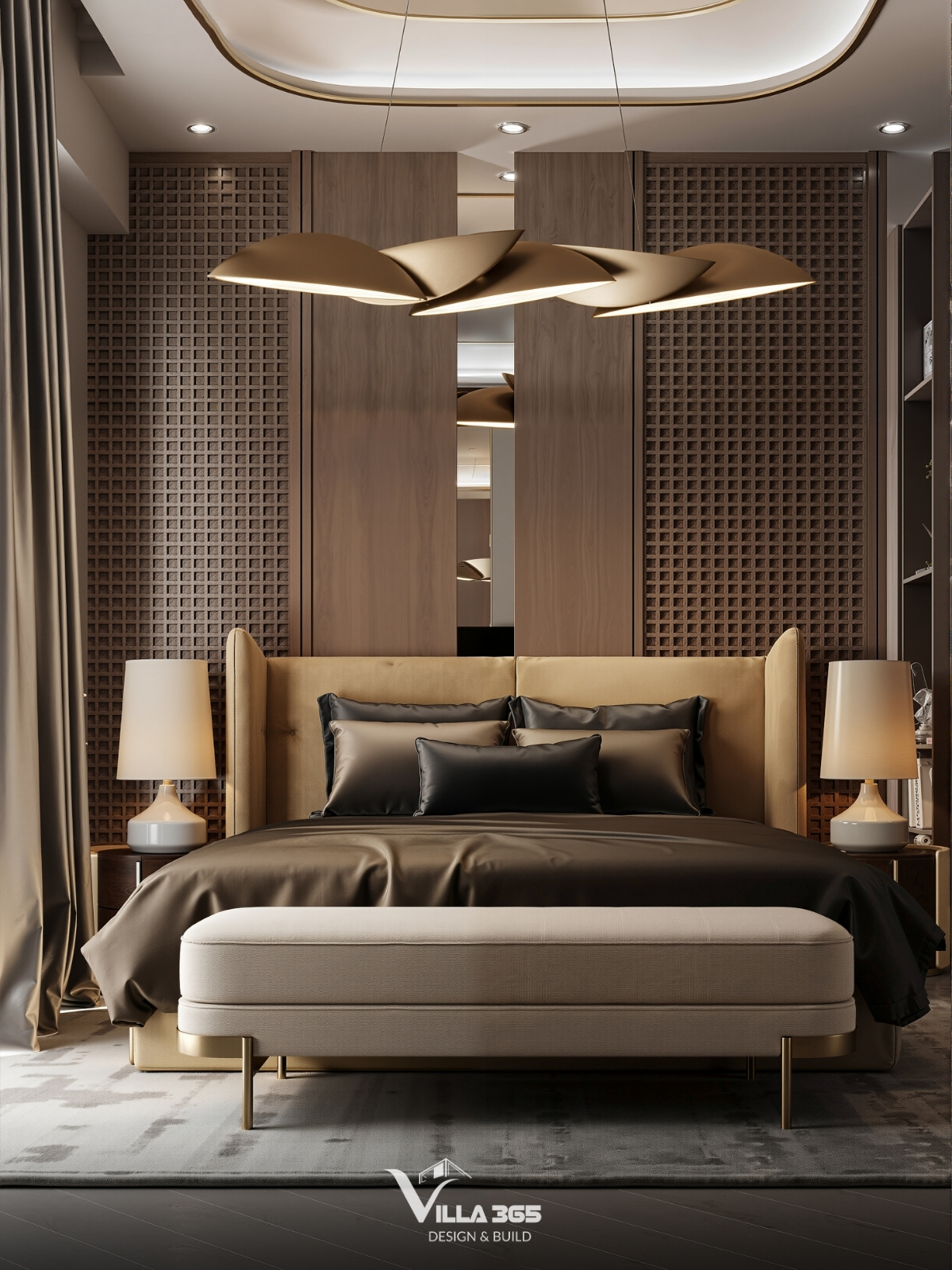 Hai mảng tường lớn với họa tiết ô vuông nhỏ tạo nên bề mặt có chiều sâu và tính nhịp điệu cao