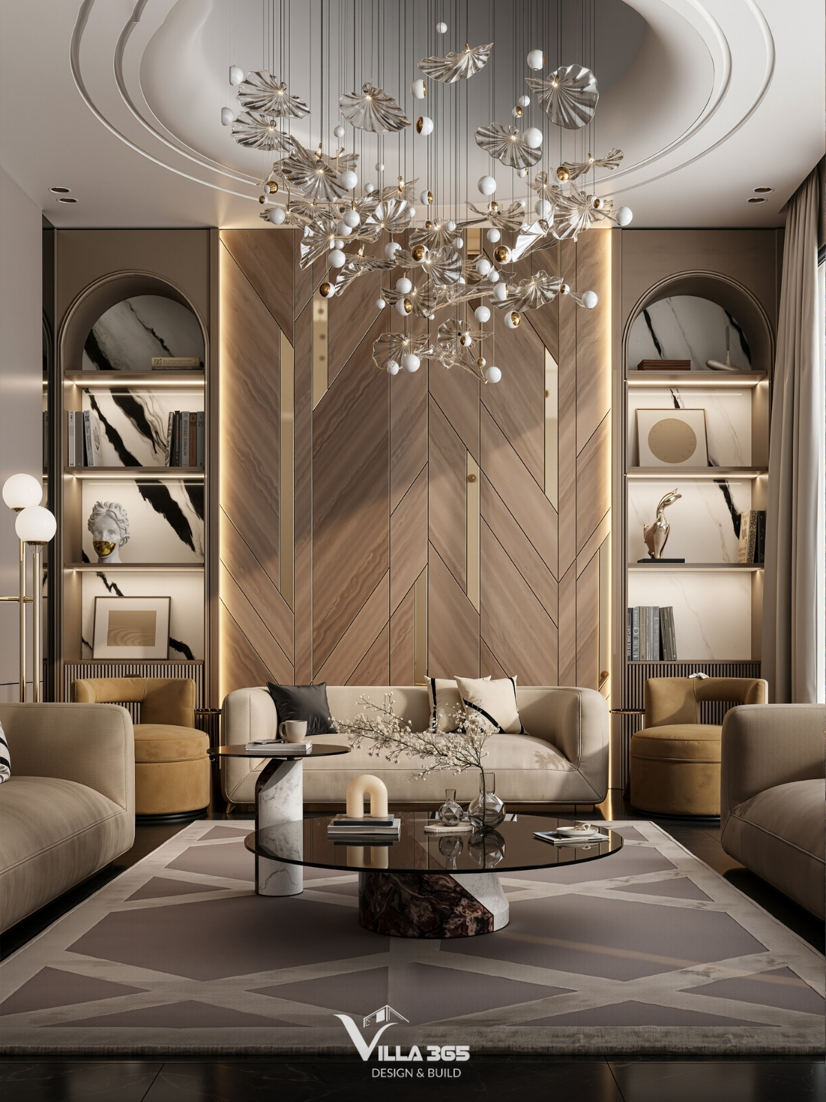 Bộ sofa màu kem với đường cong mềm mại ở phần tựa lưng tạo sự thoải mái, kết hợp ghế đôn màu vàng mù tạt trẻ trung