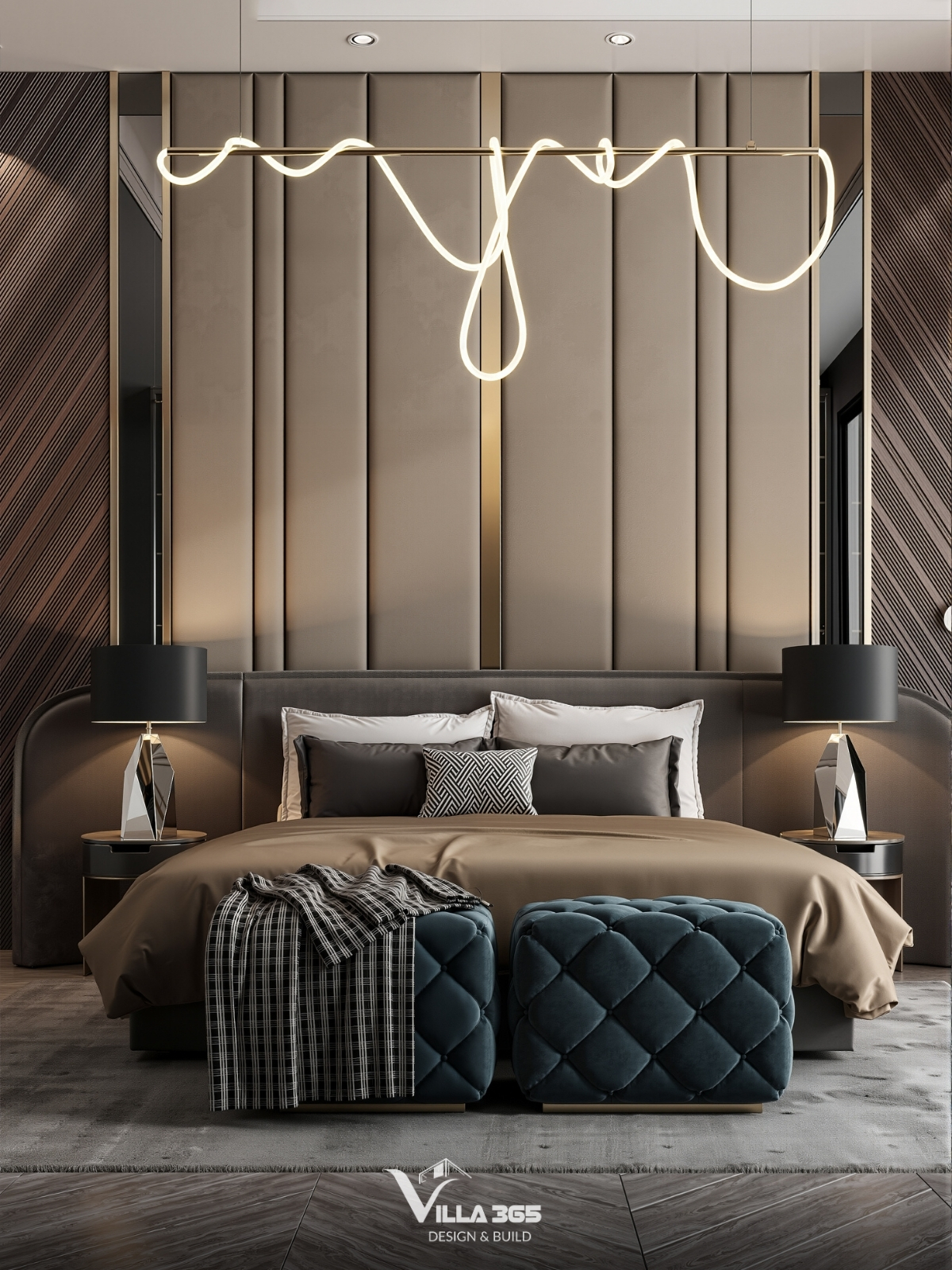 Chiếc đèn LED uốn lượn mềm mại như một dải lụa phát sáng tạo điểm nhấn lạ mắt cho căn phòng