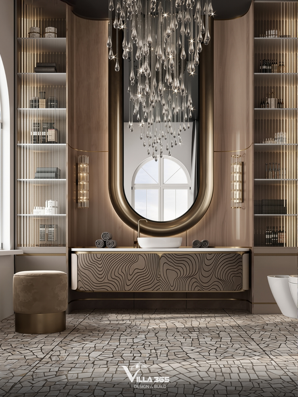 Chiếc gương với khung đồng dày, bo tròn mềm mại là tâm điểm của phòng tắm