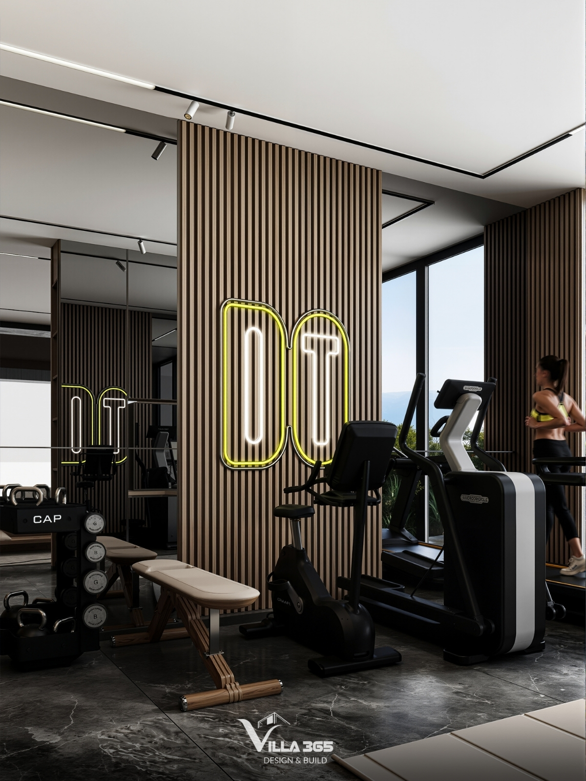 Hệ cửa kính lớn bên cạnh máy chạy bộ giúp tận dụng ánh sáng tự nhiên và tầm nhìn ra bên ngoài