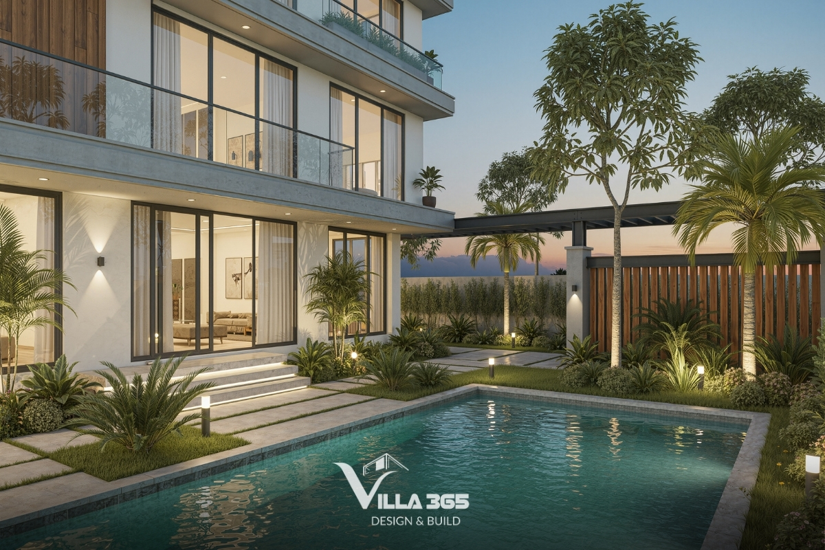 Hệ thống đèn hắt tường, đèn âm trần và đèn trụ sân vườn được bố trí khoa học, tạo ra các điểm nhấn ấm áp