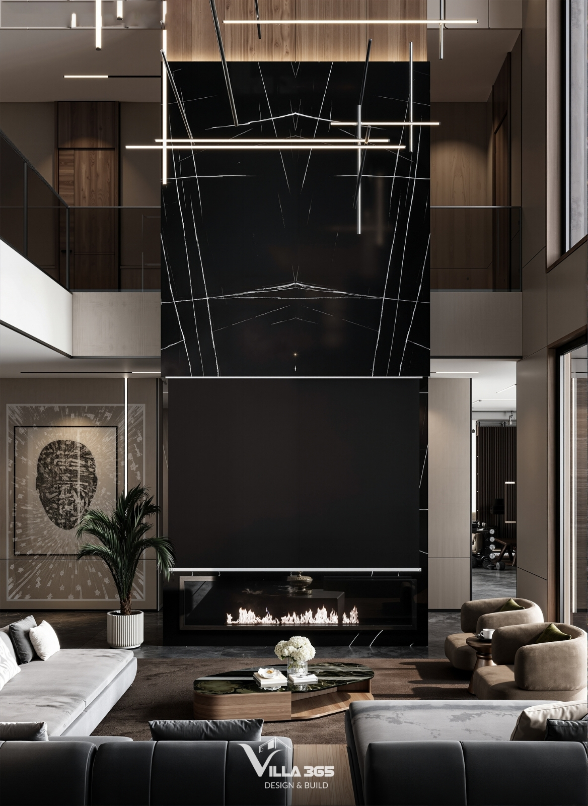 Mảng tường lớn phía sau TV được ốp đá Marble đen với các đường vân trắng mạnh mẽ, xa hoa