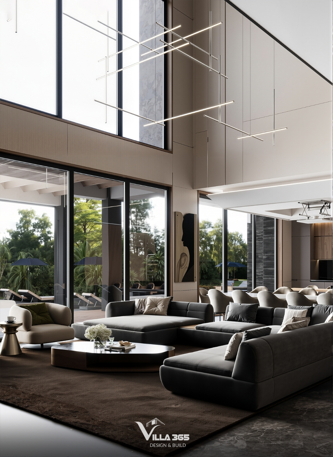 Sự kết hợp giữa các sắc độ xám, nâu trầm của thảm và màu kem của tường tạo nên sự điềm đạm, tinh tế