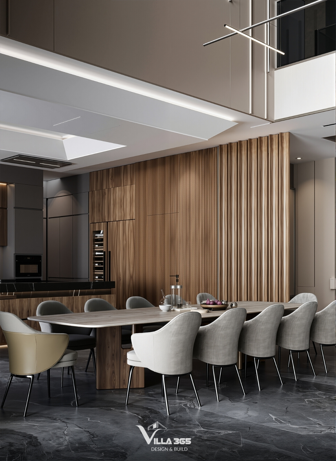 Toàn bộ mảng tường lớn phía sau bàn ăn được ốp gỗ với các đường lam dọc tinh tế