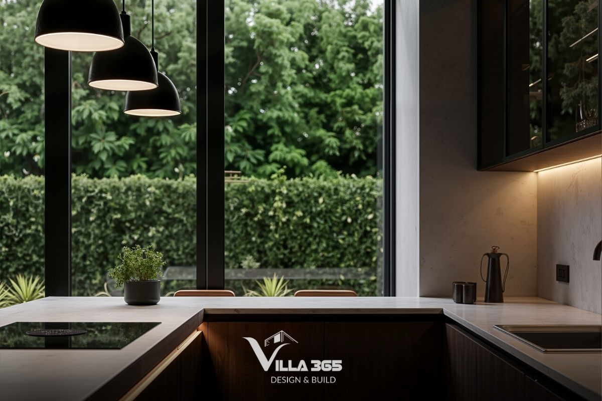 Hệ của kính lớn với tầm nhìn hướng thẳng ra sân vườn biến những phút giây nấu nướng trở nên  thú vị