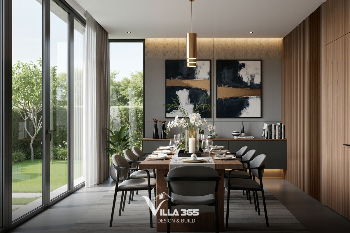 Mảng tường ốp gỗ với các đường lam dọc đồng nhất với kiến trúc mặt tiền, tạo cảm giác ấm cúng và sang trọng