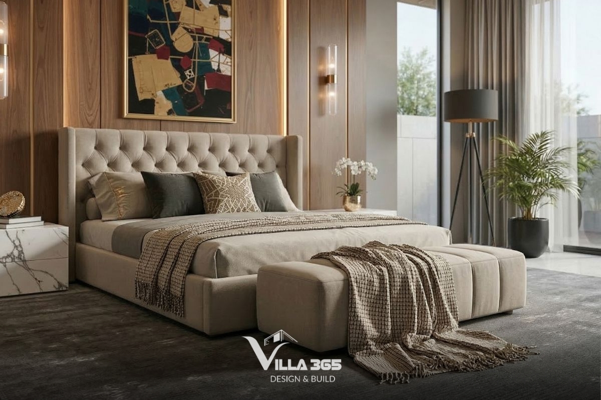 Giường ngủ bọc nệm chân phương kết hợp cùng thảm sàn khổ lớn màu xám lông chuột đem lại cảm giác êm ái, thư giãn 