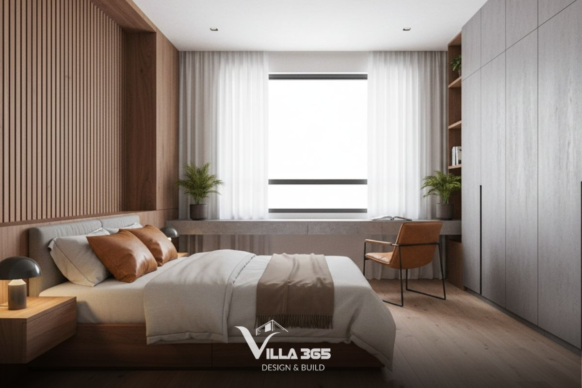 Hệ bàn làm việc dài đặt sát cửa sổ và tab đầu giường thiết kế dạng treo giúp mặt sàn thông suốt, tạo cảm giác không gian rộng rãi