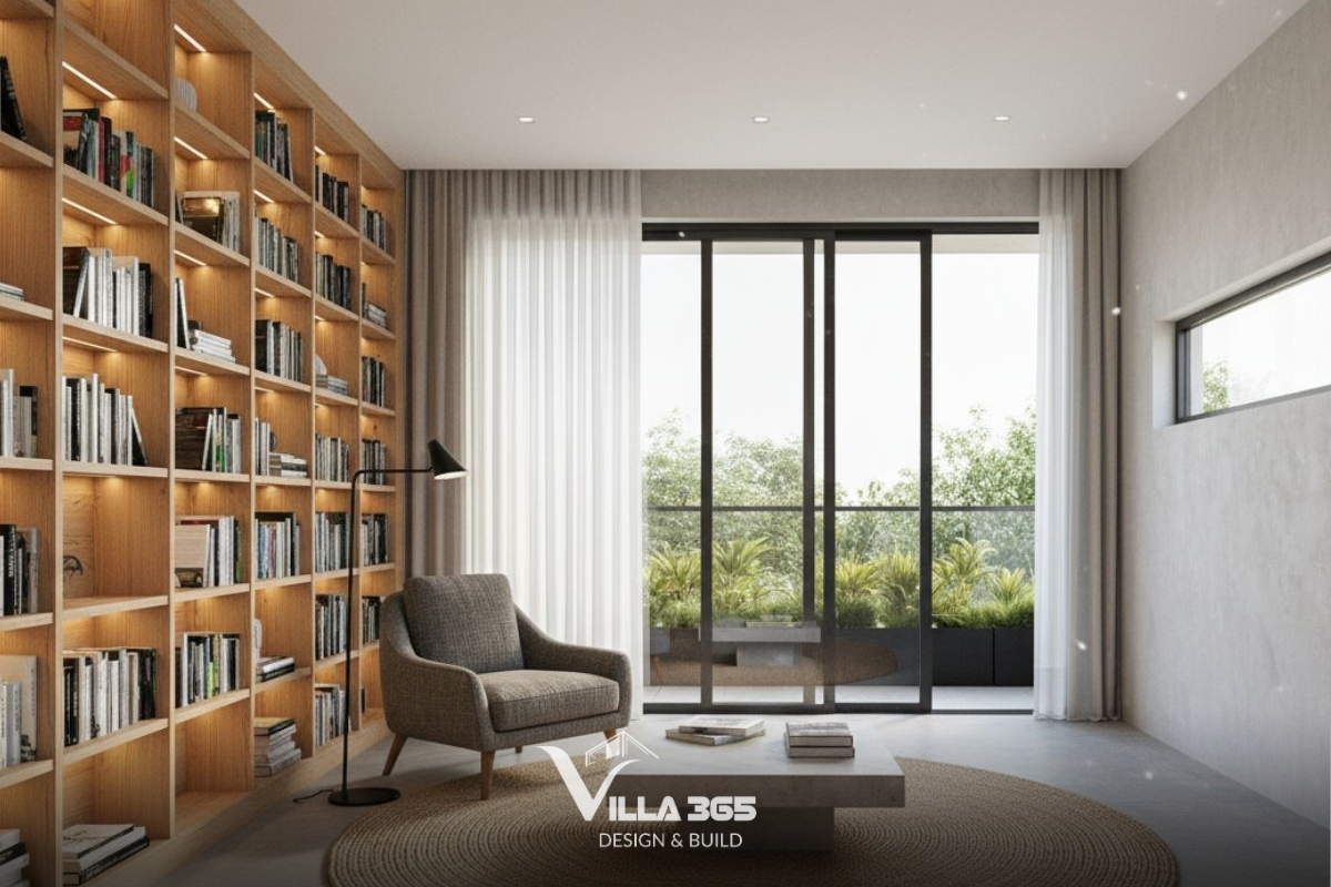 Hệ tủ sách lớn bằng gỗ sáng màu choáng ngợp một mảng tường, không chỉ là nơi lưu trữ tri thức mà còn đóng vai trò như một lớp cách âm, cách nhiệt tự nhiên