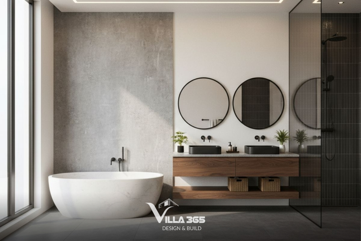 Mảng tường bê tông mài xám lạnh đối lập thú vị với hệ tủ lavabo bằng gỗ nâu ấm áp